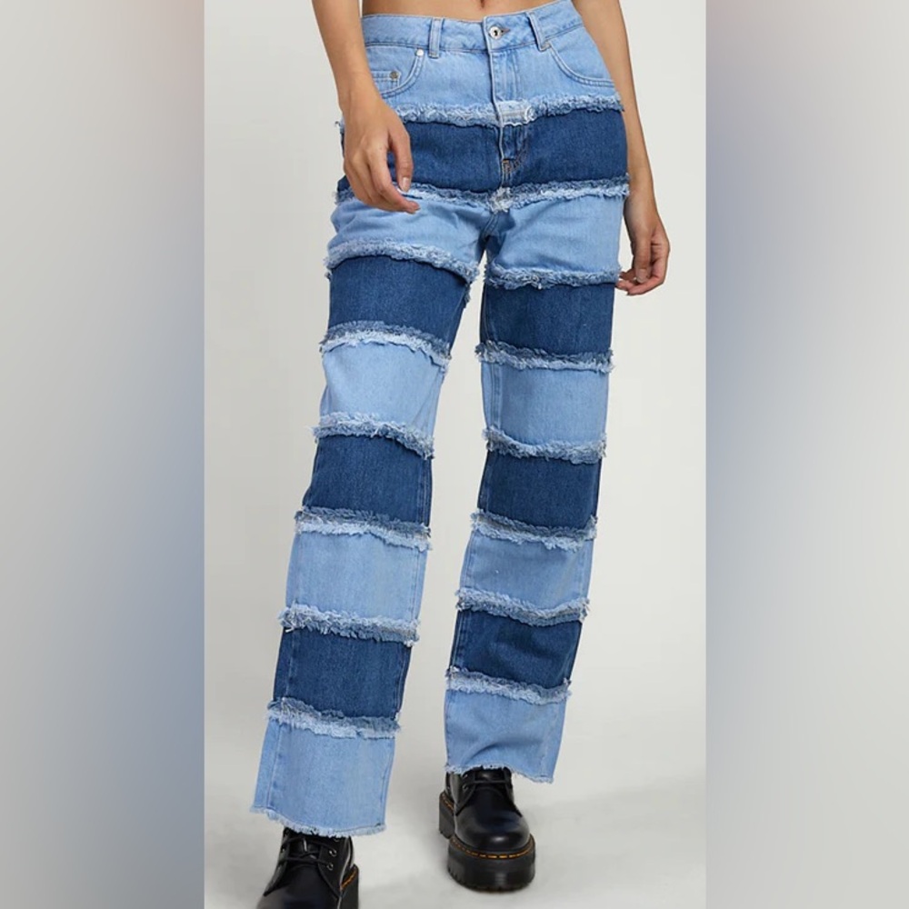 Ragged Priest Infringement Patchwork Fringe distressed two tone striped jeans